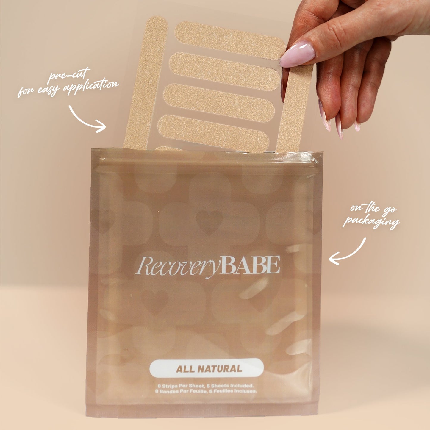 Hand holding a package of 'Recovery Babe' beige adhesive nose tapes with text indicating pre-cut application and on-the-go packaging.