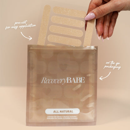 Hand holding a package of 'Recovery Babe' beige adhesive nose tapes with text indicating pre-cut application and on-the-go packaging.