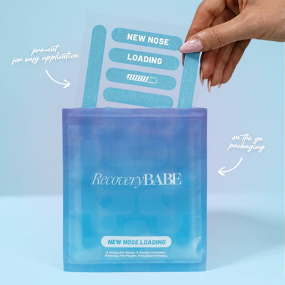 Hand holding a package of 'Recovery Babe' blue adhesive nose tapes with text indicating pre-cut application and on-the-go packaging.