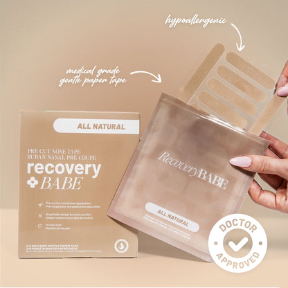 Recovery Babe post-rhinoplasty pre-cut nose tape packaging with a hand holding a strip on a beige background