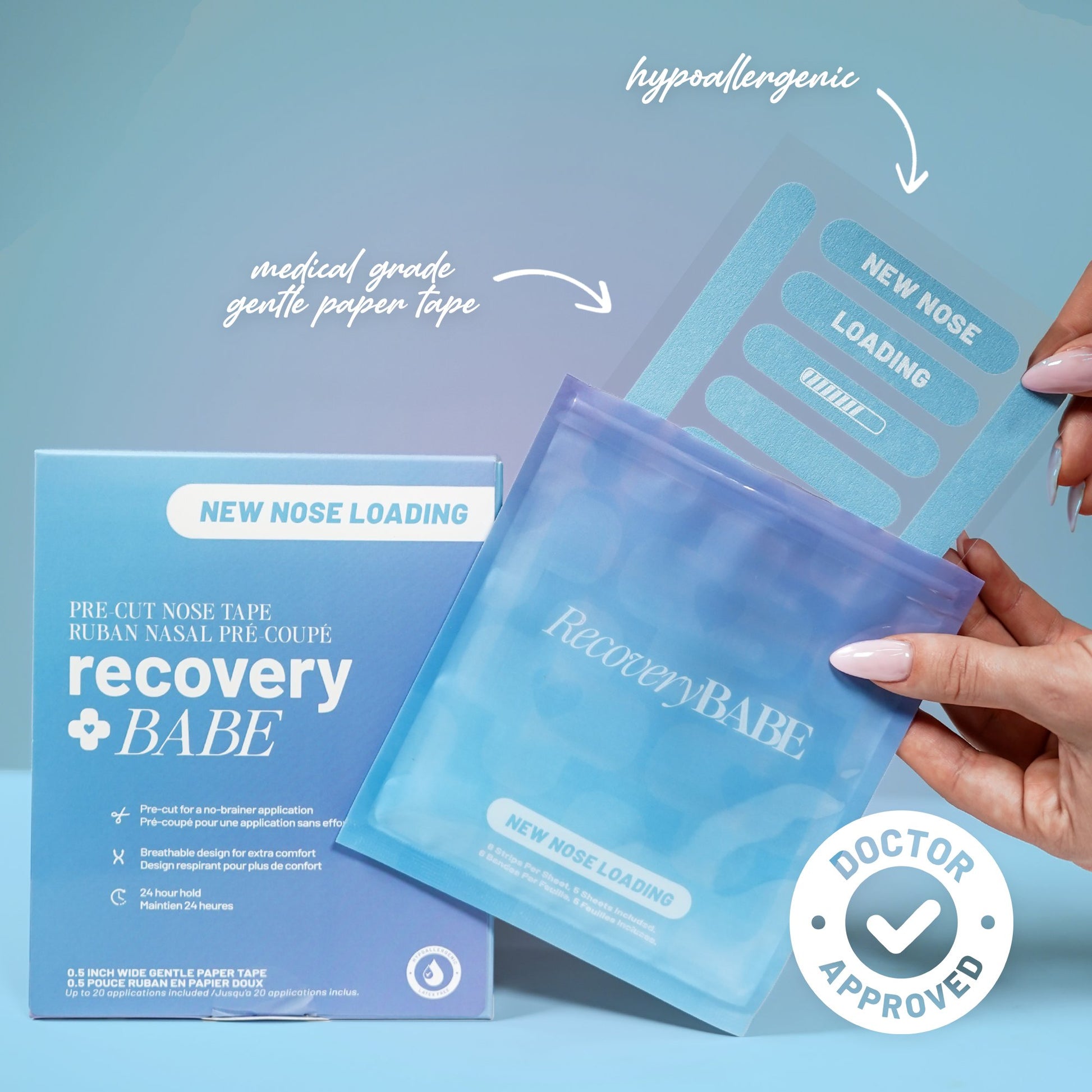 Recovery Babe blue post-rhinoplasty pre-cut nose tape packaging with a hand holding a strip on a blue background