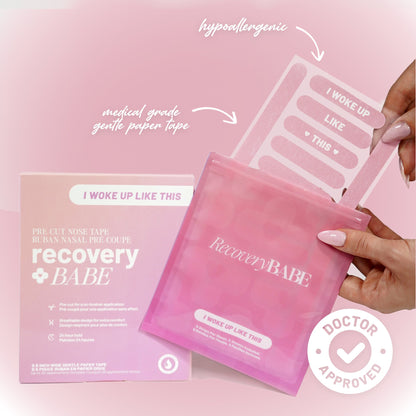 Recovery Babe post-rhinoplasty pre-cut nose tape packaging with a hand holding a strip on a pink background