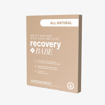 Beige packaging of 'recovery babe' pre-cut nose tape with 'All Natural' variant label on a white background