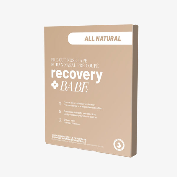 Beige packaging of 'recovery babe' pre-cut nose tape with 'All Natural' variant label on a white background
