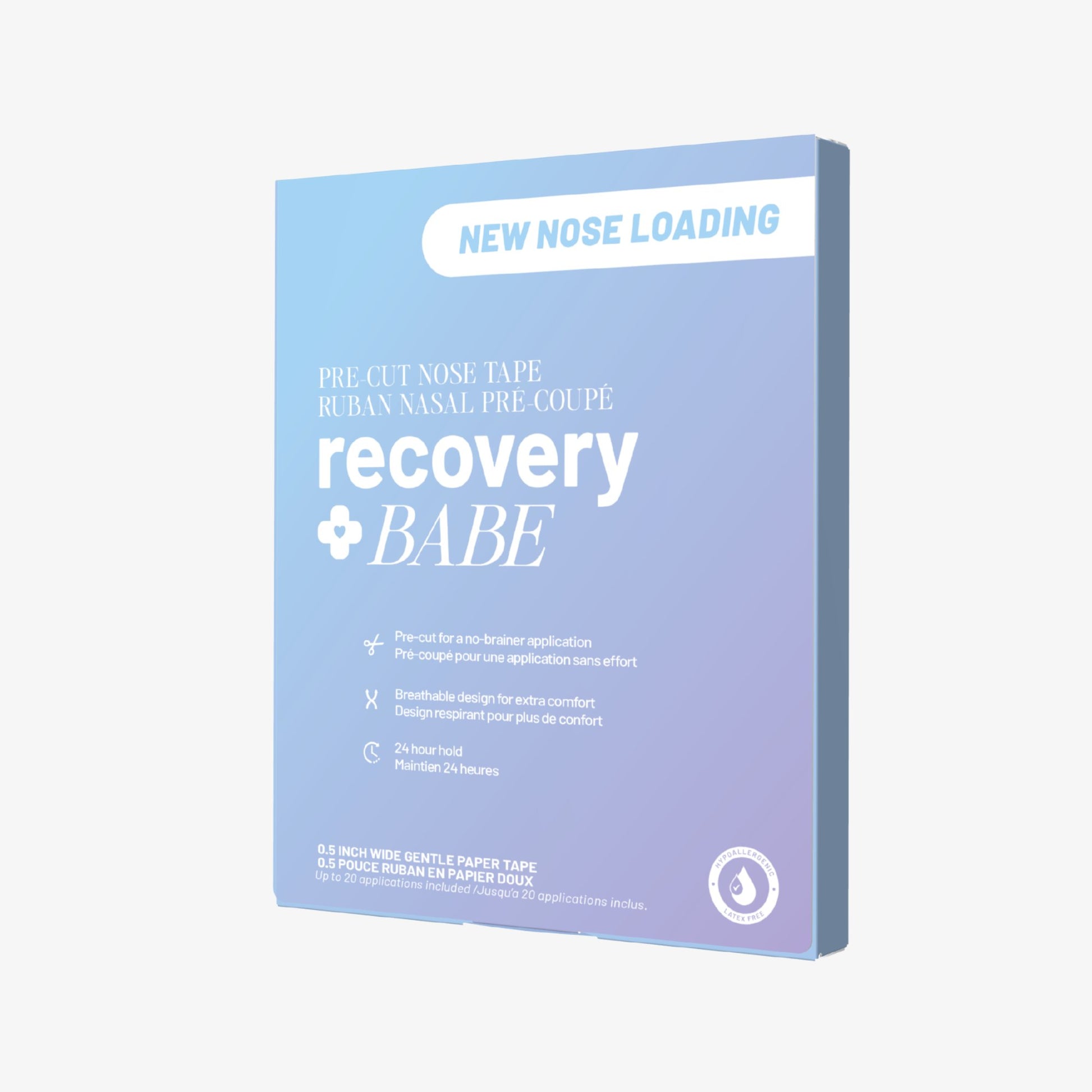Blue packaging of 'recovery babe' pre-cut nose tape with 'new nose loading' label on a white background
