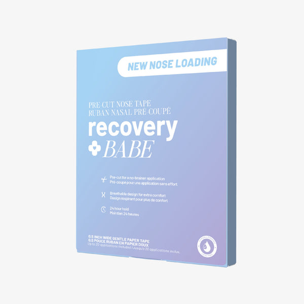 Blue packaging of 'recovery babe' pre-cut nose tape with 'new nose loading' label on a white background