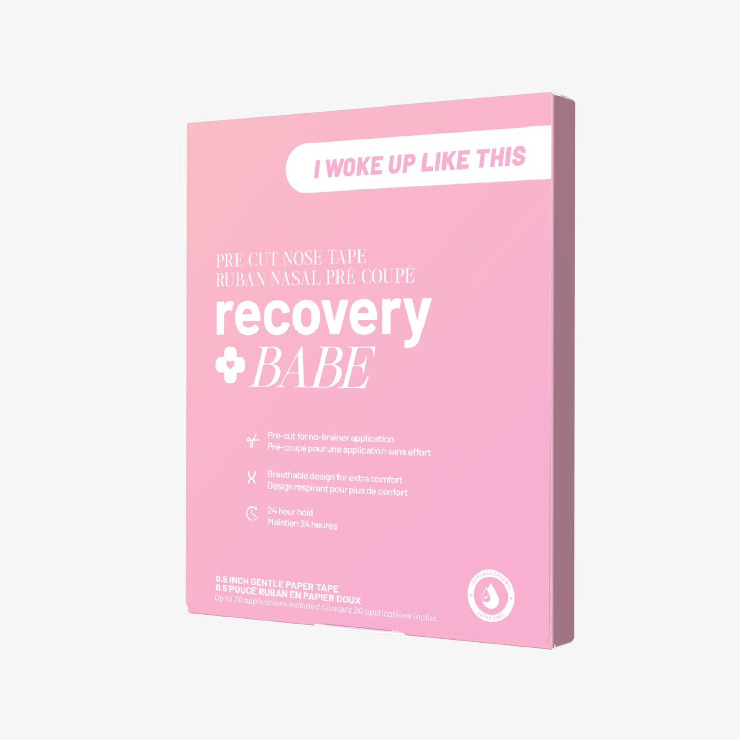Pink packaging of 'recovery babe' pre-cut nose tape with 'I woke up like this' label on a white background