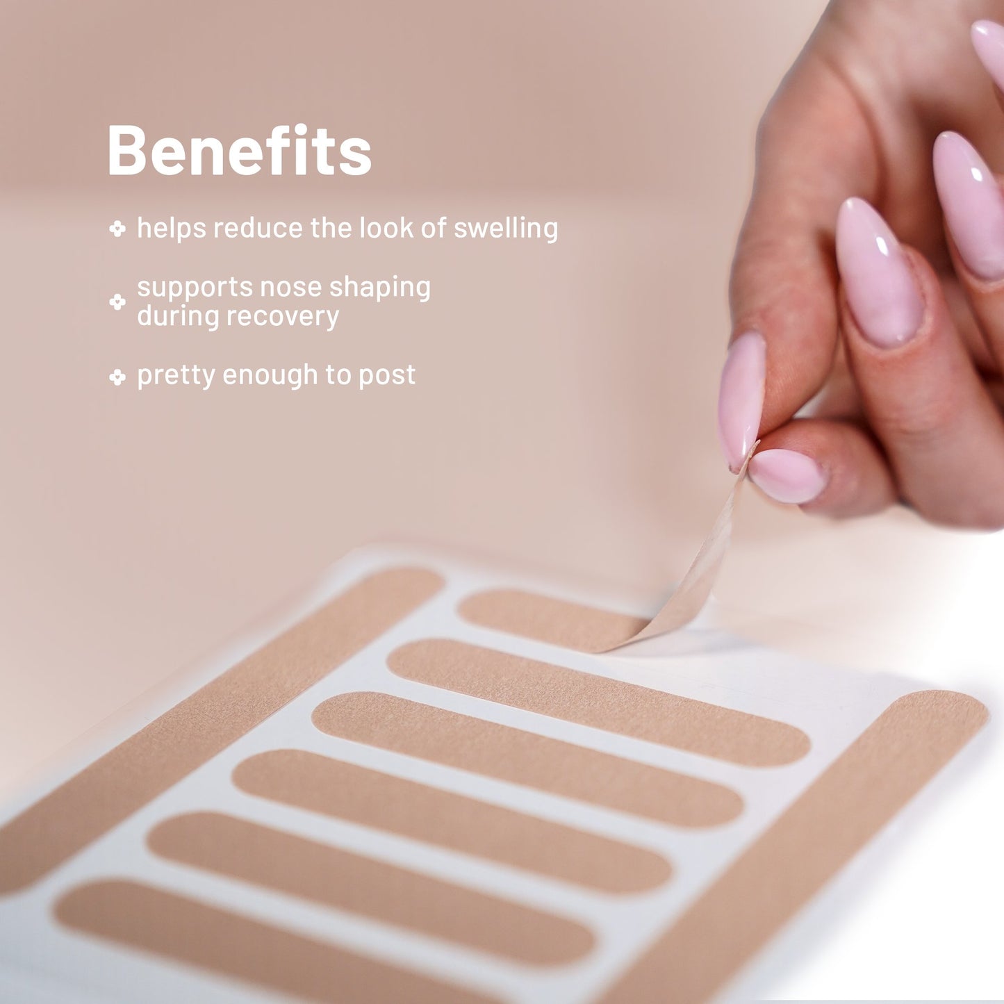Hand peeling adhesive pre-cut rhinoplasty nose strip from a clear backing, with text about benefits on a beige background