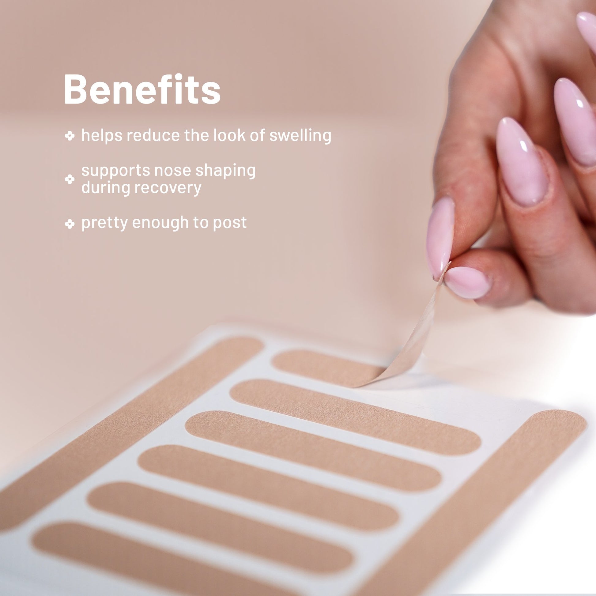 Hand peeling adhesive pre-cut rhinoplasty nose strip from a clear backing, with text about benefits on a beige background
