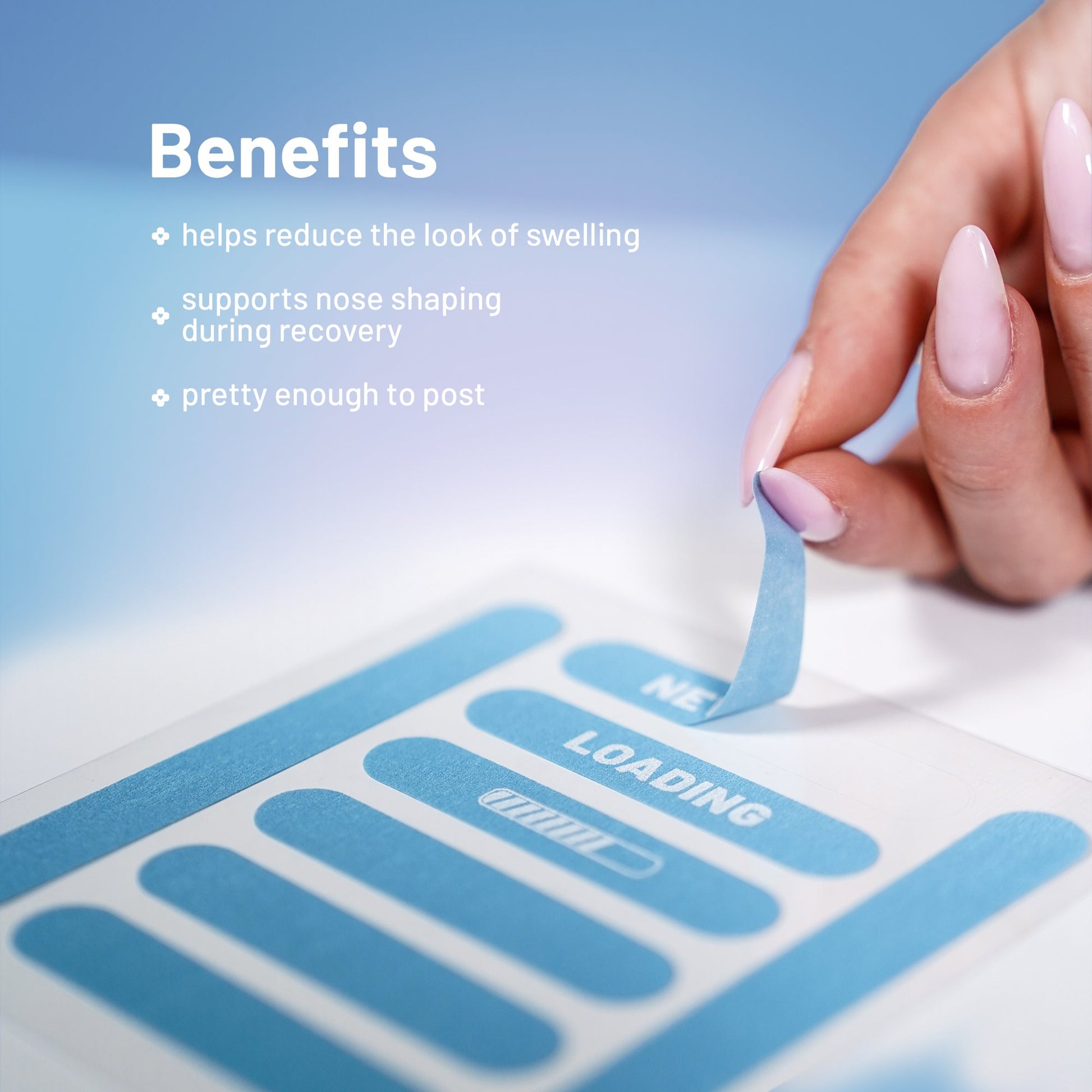 Hand peeling blue adhesive pre-cut rhinoplasty nose strip from a clear backing, with text about benefits on a blue background