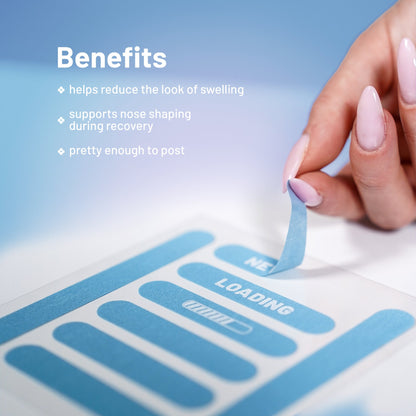 Hand peeling blue adhesive pre-cut rhinoplasty nose strip from a clear backing, with text about benefits on a blue background