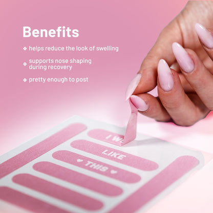 Hand peeling pink adhesive pre-cut rhinoplasty nose strip from a clear backing, with text about benefits on a pink background